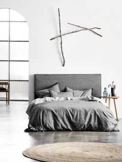 Vittoria Linen Slipcover Bedhead In Smoke - Queen -Homewares Shop chambray fringe bedlinen smoke 4