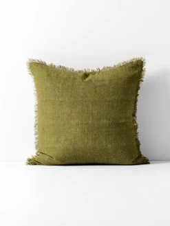 Vintage Linen Fringe Cushion - Olive