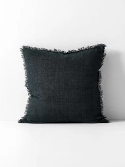 Vintage Linen Fringe Cushion - Slate