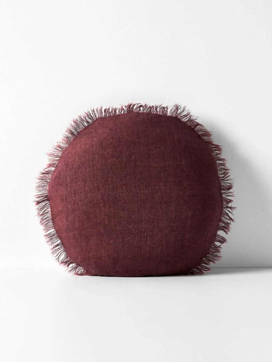 Vintage Linen Fringe 55cm Round Cushion - Syrah 4 Vintage Linen Fringe 55cm Round Cushion - Syrah - Image 2